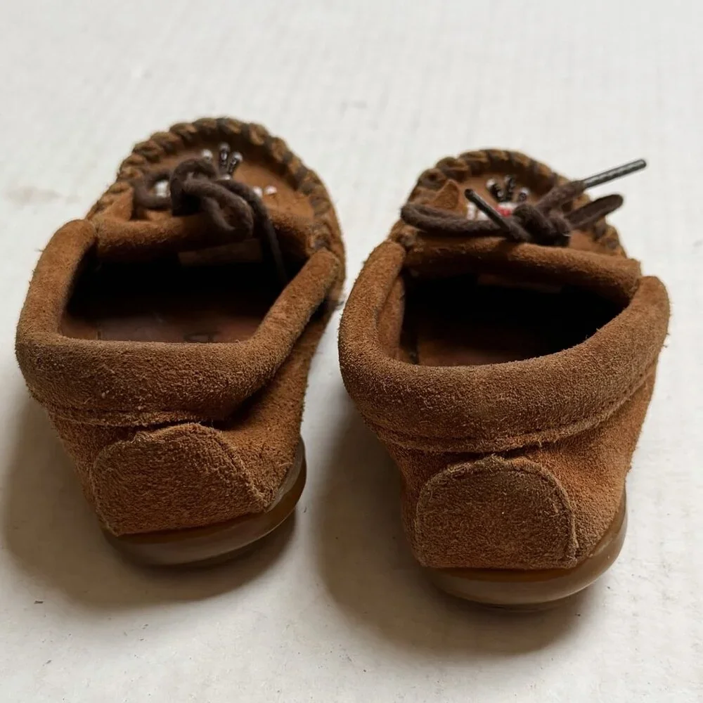 Minnetonka Shoes Moccasins Kids 7 Brown Suede Thunderbirds Rubber Sole‎ Boho